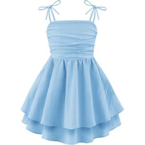 Arshiner Girls Summer Spaghetti Strap Dresses Flowy Tiered Ruched Smocked Back Casual Beach Midi Sundress(Light Blue)