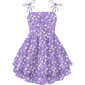 Arshiner Girls Summer Spaghetti Strap Dresses Flowy Tiered Ruched Smocked Back Casual Beach Midi Sundress(Purple Floral)