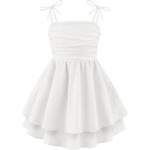 Arshiner Girls Summer Spaghetti Strap Dresses Flowy Tiered Ruched Smocked Back Casual Beach Midi Sundress(White)
