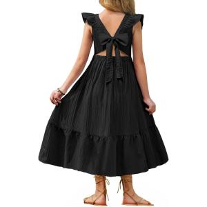 Arshiner Girls Summer Tie Back Dress Tween Boho Casual Square Neck Flutter Sleeve Maxi Dresses with Pockets(Black)