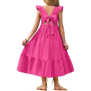 Arshiner Girls Summer Tie Back Dress Tween Boho Casual Square Neck Flutter Sleeve Maxi Dresses with Pockets(Hot Pink)