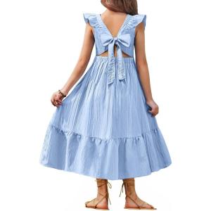 Arshiner Girls Summer Tie Back Dress Tween Boho Casual Square Neck Flutter Sleeve Maxi Dresses with Pockets(Light Blue)