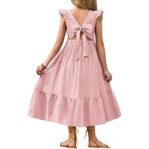 Arshiner Girls Summer Tie Back Dress Tween Boho Casual Square Neck Flutter Sleeve Maxi Dresses with Pockets(Pink)
