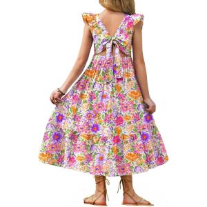 Arshiner Girls Summer Tie Back Dress Tween Boho Casual Square Neck Flutter Sleeve Maxi Dresses with Pockets(Pink Floral)