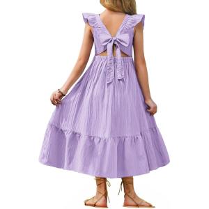 Arshiner Girls Summer Tie Back Dress Tween Boho Casual Square Neck Flutter Sleeve Maxi Dresses with Pockets(Purple)