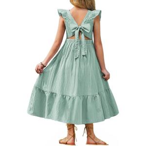 Arshiner Girls Summer Tie Back Dress Tween Boho Casual Square Neck Flutter Sleeve Maxi Dresses with Pockets(Sage Green)