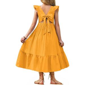 Arshiner Girls Summer Tie Back Dress Tween Boho Casual Square Neck Flutter Sleeve Maxi Dresses with Pockets(Yellow)