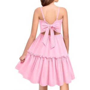 Arshiner Girls Tie Back Dress Spaghetti Strap Ruffle Hem Casual Summer Beach Sundress with Pockets(Light Pink)