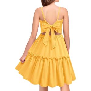 Arshiner Girls Tie Back Dress Spaghetti Strap Ruffle Hem Casual Summer Beach Sundress with Pockets(Yellow)