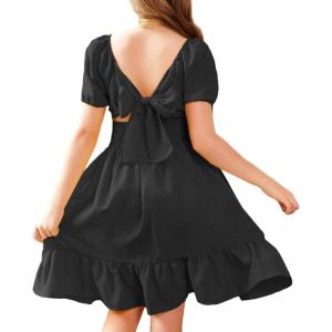 Arshiner Girls Tie Back Short Sleeve Ruffle Hem Off Shoulder Casual Elegant Dresses 4-12 Years(Black)