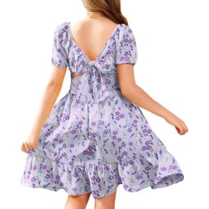 Arshiner Girls Tie Back Short Sleeve Ruffle Hem Off Shoulder Casual Elegant Dresses 4-12 Years(Floral Lavender)