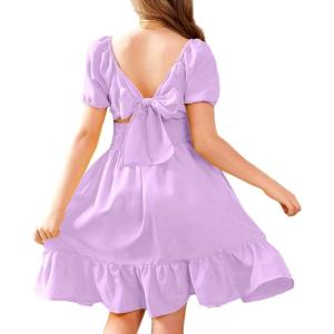 Arshiner Girls Tie Back Short Sleeve Ruffle Hem Off Shoulder Casual Elegant Dresses 4-12 Years(Lilac)