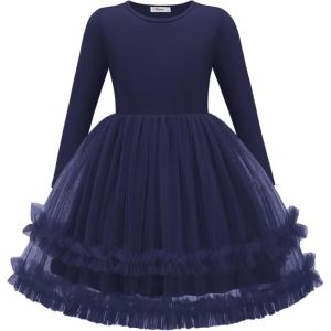 Arshiner Girls Tutu Dresses Toddler Fall Winter Long Sleeve Fluffy Tulle Party Dress for Kids 3-8Y(Navy Blue)