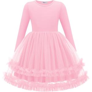 Arshiner Girls Tutu Dresses Toddler Fall Winter Long Sleeve Fluffy Tulle Party Dress for Kids 3-8Y(Pink)