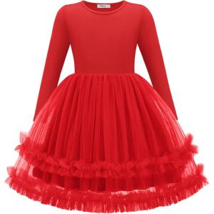 Arshiner Girls Tutu Dresses Toddler Fall Winter Long Sleeve Fluffy Tulle Party Dress for Kids 3-8Y(Red)