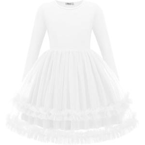 Arshiner Girls Tutu Dresses Toddler Fall Winter Long Sleeve Fluffy Tulle Party Dress for Kids 3-8Y(White)