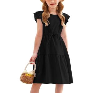 Arshiner Toddler Cotton Linen Dress Summer Casual Party Double-Ruffle Sleeves Dresses 2-6Y(Black)