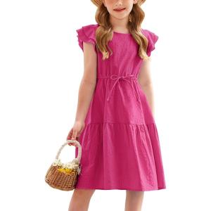 Arshiner Toddler Cotton Linen Dress Summer Casual Party Double-Ruffle Sleeves Dresses 2-6Y(Hot Pink)