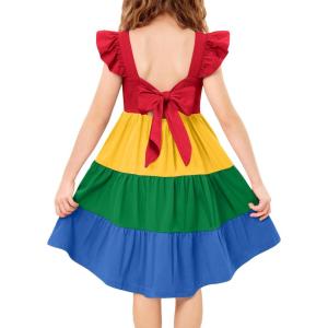 Arshiner Toddler Dress Little Girls Summer Cotton Backless High Low Hem Beach Casual Sundress with Pockets(Rainbow Color Block)