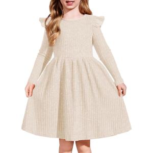 Arshiner Toddler Girl Dress Baby Girls Knitted Ruffle Sleeve Pocket Dresses A-Line Flared Fall Winter Clothes for 2-8 Years(Beige)