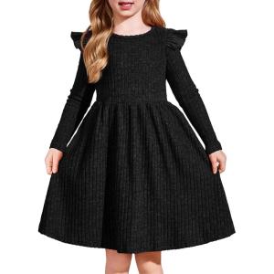Arshiner Toddler Girl Dress Baby Girls Knitted Ruffle Sleeve Pocket Dresses A-Line Flared Fall Winter Clothes for 2-8 Years(Black)