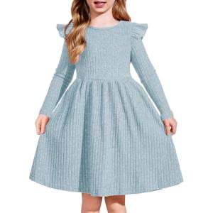 Arshiner Toddler Girl Dress Baby Girls Knitted Ruffle Sleeve Pocket Dresses A-Line Flared Fall Winter Clothes for 2-8 Years(Light Blue)