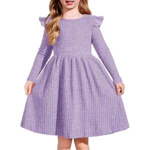 Arshiner Toddler Girl Dress Baby Girls Knitted Ruffle Sleeve Pocket Dresses A-Line Flared Fall Winter Clothes for 2-8 Years(Lilac)