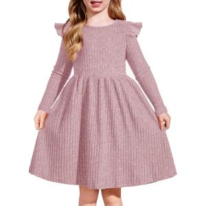 Arshiner Toddler Girl Dress Baby Girls Knitted Ruffle Sleeve Pocket Dresses A-Line Flared Fall Winter Clothes for 2-8 Years(Pink)