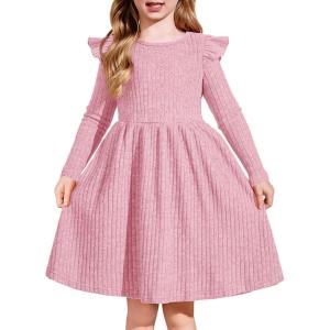 Arshiner Toddler Girl Dress Baby Girls Knitted Ruffle Sleeve Pocket Dresses A-Line Flared Fall Winter Clothes for 2-8 Years(Rose Red)