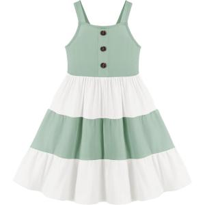 Arshiner Toddler Girl Summer Dresses Casual Sleeveless Button Down Swing Flowy Tiered Midi Sundress with Pockets(Green Color Block)