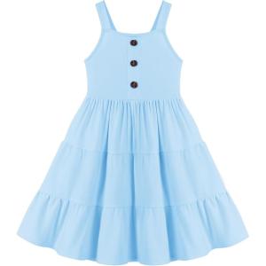 Arshiner Toddler Girl Summer Dresses Casual Sleeveless Button Down Swing Flowy Tiered Midi Sundress with Pockets(Light Blue)