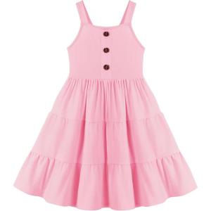 Arshiner Toddler Girl Summer Dresses Casual Sleeveless Button Down Swing Flowy Tiered Midi Sundress with Pockets(Pink)