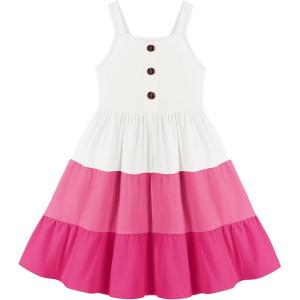 Arshiner Toddler Girl Summer Dresses Casual Sleeveless Button Down Swing Flowy Tiered Midi Sundress with Pockets(Pink Color Block)