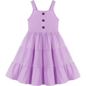 Arshiner Toddler Girl Summer Dresses Casual Sleeveless Button Down Swing Flowy Tiered Midi Sundress with Pockets(Purple)