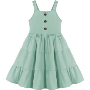 Arshiner Toddler Girl Summer Dresses Casual Sleeveless Button Down Swing Flowy Tiered Midi Sundress with Pockets(Sage Green)