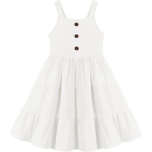 Arshiner Toddler Girl Summer Dresses Casual Sleeveless Button Down Swing Flowy Tiered Midi Sundress with Pockets(White)