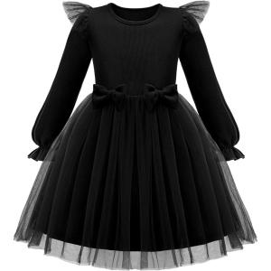 Arshiner Toddler Girls Tulle Dresses with Bow Tie Fall Winter Long Sleeve Formal Party Dress 1-7 Y(Black)