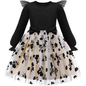 Arshiner Toddler Girls Tulle Dresses with Bow Tie Fall Winter Long Sleeve Formal Party Dress 1-7 Y(Black Flower)
