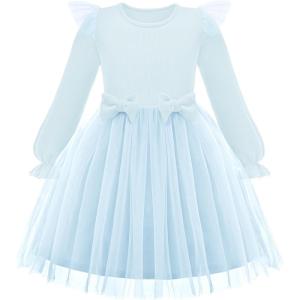 Arshiner Toddler Girls Tulle Dresses with Bow Tie Fall Winter Long Sleeve Formal Party Dress 1-7 Y(Blue)