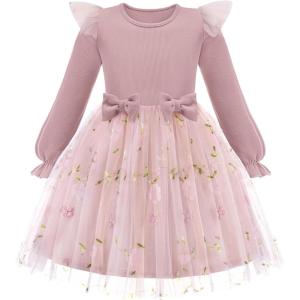 Arshiner Toddler Girls Tulle Dresses with Bow Tie Fall Winter Long Sleeve Formal Party Dress 1-7 Y(Daisy Flowers)