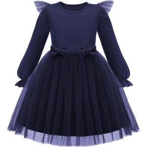 Arshiner Toddler Girls Tulle Dresses with Bow Tie Fall Winter Long Sleeve Formal Party Dress 1-7 Y(Navy Blue)