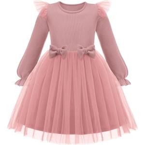 Arshiner Toddler Girls Tulle Dresses with Bow Tie Fall Winter Long Sleeve Formal Party Dress 1-7 Y(Pink)