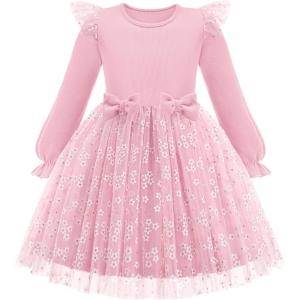 Arshiner Toddler Girls Tulle Dresses with Bow Tie Fall Winter Long Sleeve Formal Party Dress 1-7 Y(Pink Daisy)