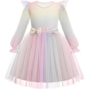 Arshiner Toddler Girls Tulle Dresses with Bow Tie Fall Winter Long Sleeve Formal Party Dress 1-7 Y(Rainbow Pink)