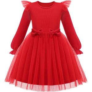 Arshiner Toddler Girls Tulle Dresses with Bow Tie Fall Winter Long Sleeve Formal Party Dress 1-7 Y(Red)