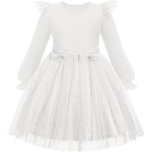 Arshiner Toddler Girls Tulle Dresses with Bow Tie Fall Winter Long Sleeve Formal Party Dress 1-7 Y(White Heart)
