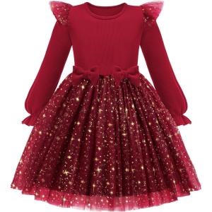 Arshiner Toddler Girls Tulle Dresses with Bow Tie Fall Winter Long Sleeve Formal Party Dress 1-7 Y(Wine Red Star)