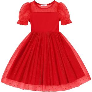 Arshiner Toddler Girls Tulle Summer Puff Sleeve Baby Girls Tutu Princess Party Casual Dress 2-6Y(Red)