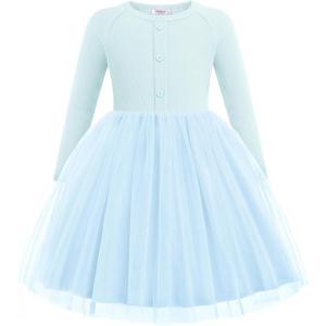 Arshiner Toddler Girls Tutu Dress Long Sleeve Fall Winter Button Front Party Tulle Dresses 2-8Y(Blue)