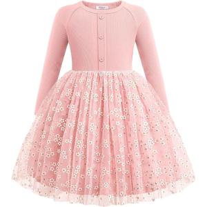 Arshiner Toddler Girls Tutu Dress Long Sleeve Fall Winter Button Front Party Tulle Dresses 2-8Y(Flower Pink)